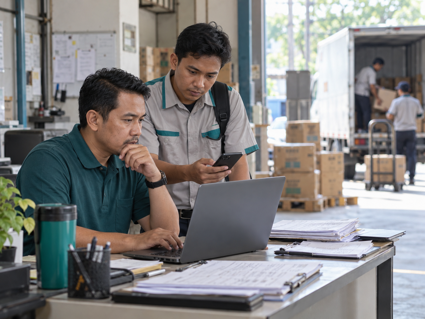 Supervisor distribusi meninjau performa kunjungan dan order bersama sales lapangan